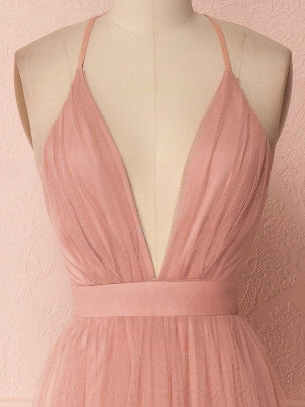 A-line V-neck Tulle Floor-length Ruffled Bridesmaid Dresses
