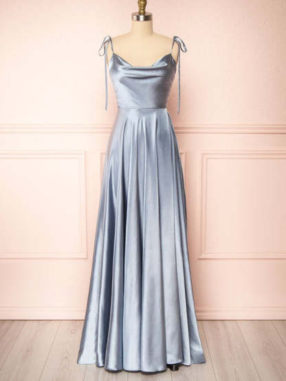 A-line Cowl Neck Satin Bridesmaid Dresses with Split Front & Sweep Train