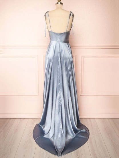 A-line Cowl Neck Satin Bridesmaid Dresses with Split Front & Sweep Train