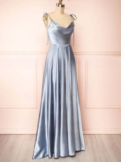A-line Cowl Neck Satin Bridesmaid Dresses with Split Front & Sweep Train