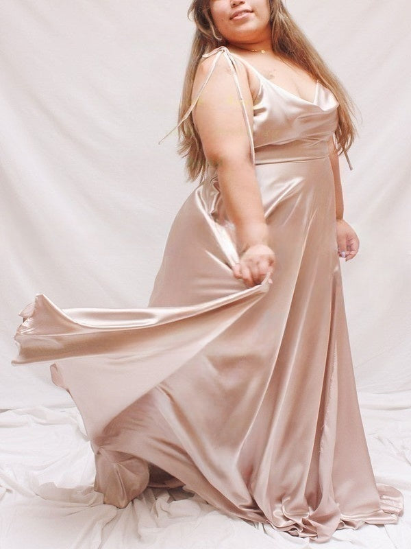 A-line Cowl Neck Satin Bridesmaid Dresses with Split Front & Sweep Train