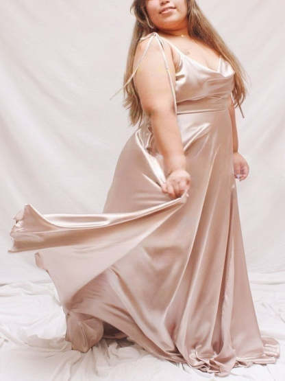 A-line Cowl Neck Satin Bridesmaid Dresses with Split Front & Sweep Train