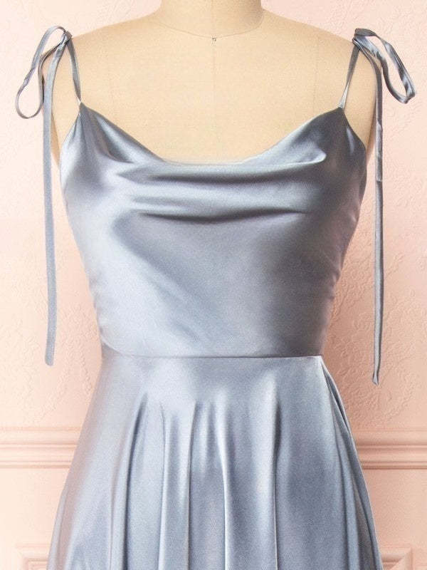 A-line Cowl Neck Satin Bridesmaid Dresses with Split Front & Sweep Train