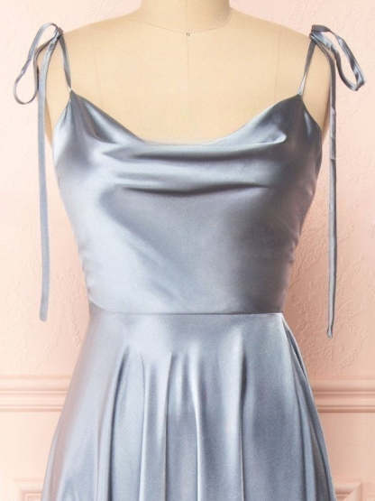 A-line Cowl Neck Satin Bridesmaid Dresses with Split Front & Sweep Train