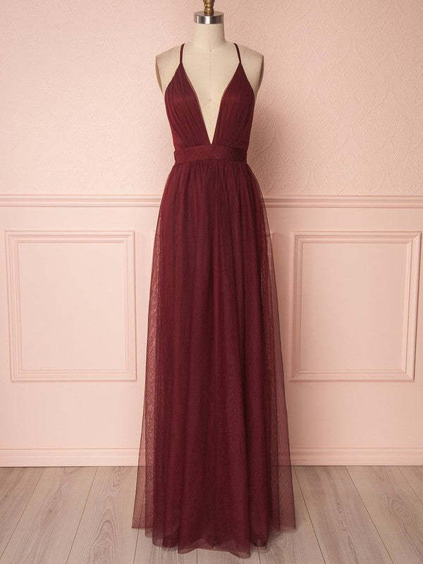 A-line V-neck Tulle Floor-length Bridesmaid Dresses with Sashes / Ribbons