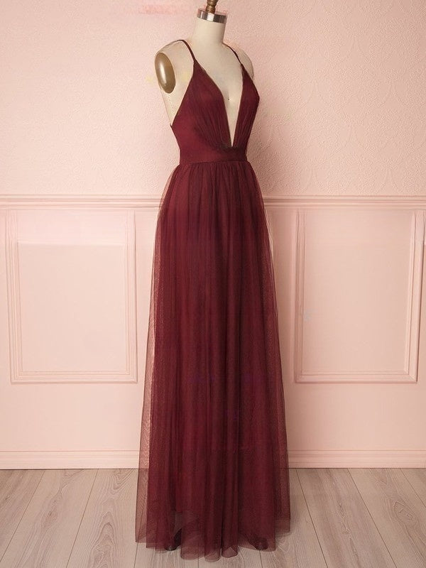 A-line V-neck Tulle Floor-length Bridesmaid Dresses with Sashes / Ribbons