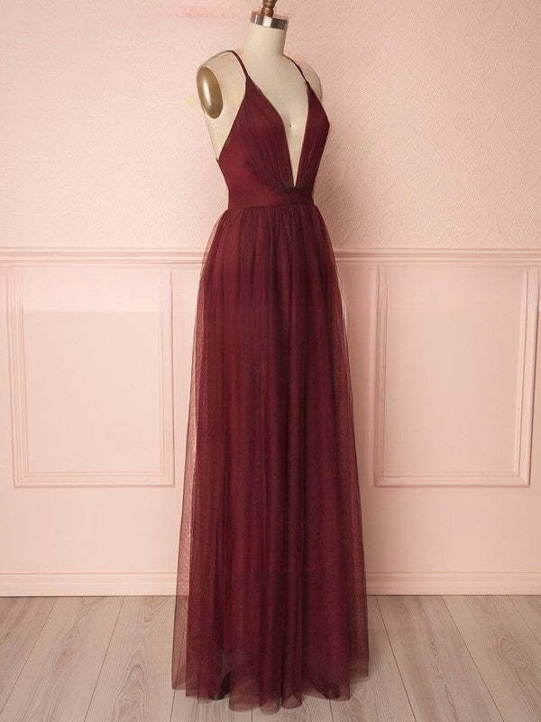 A-line V-neck Tulle Floor-length Bridesmaid Dresses with Sashes / Ribbons