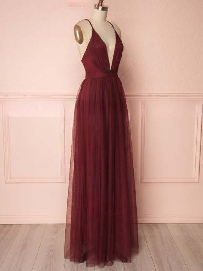 A-line V-neck Tulle Floor-length Bridesmaid Dresses with Sashes / Ribbons