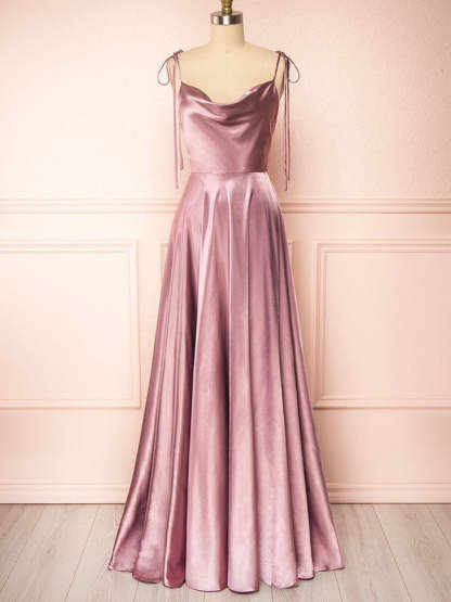 A-line Cowl Neck Bridesmaid Dress in Silk-like Satin with Split Front and Sweep Train