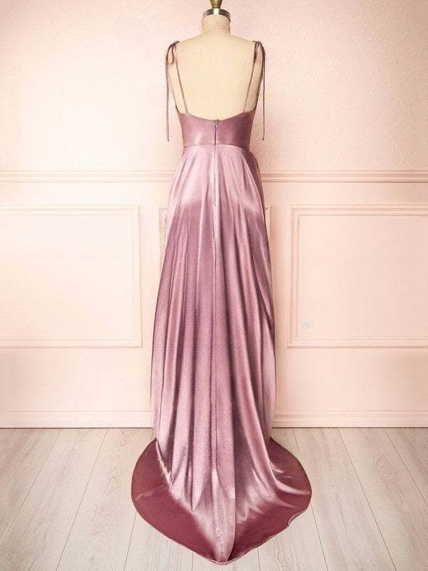 A-line Cowl Neck Bridesmaid Dress in Silk-like Satin with Split Front and Sweep Train