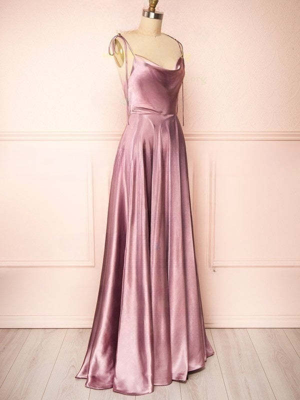 A-line Cowl Neck Bridesmaid Dress in Silk-like Satin with Split Front and Sweep Train