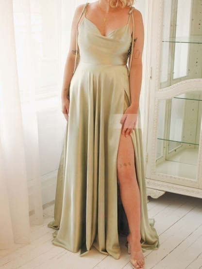 A-line Cowl Neck Bridesmaid Dress in Silk-like Satin with Split Front and Sweep Train