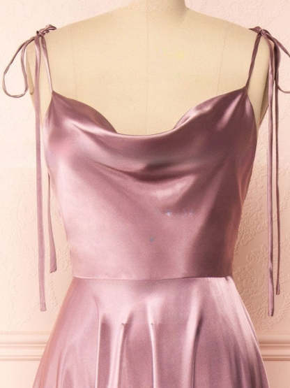 A-line Cowl Neck Bridesmaid Dress in Silk-like Satin with Split Front and Sweep Train