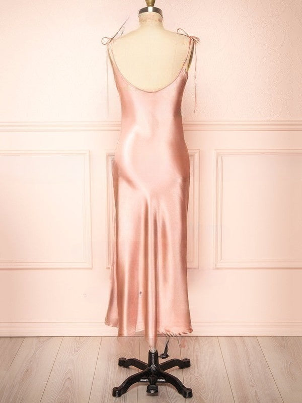 Silk-like Satin Tea-length Ruffles Bridesmaid Dress in Sheath/Column Cowl Neck