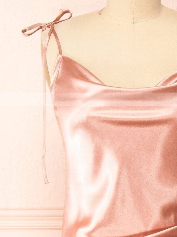 Silk-like Satin Tea-length Ruffles Bridesmaid Dress in Sheath/Column Cowl Neck