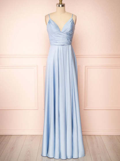 A-line V-neck Satin Bridesmaid Dresses with Floor-length Ruffles