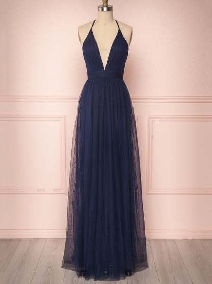A-line V-neck Tulle Floor-length Ruffles Bridesmaid Dresses
