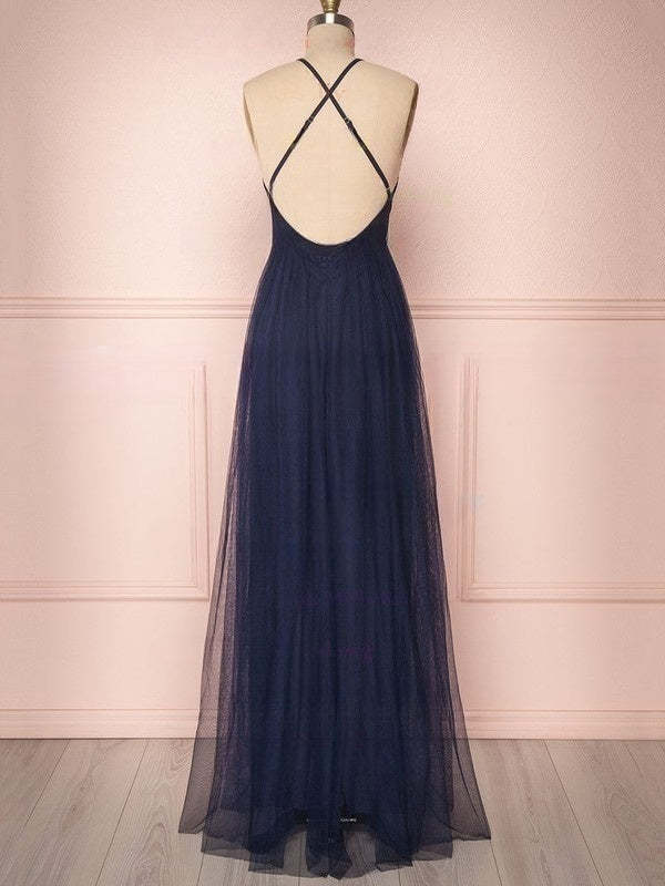 A-line V-neck Tulle Floor-length Ruffles Bridesmaid Dresses