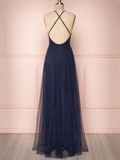 A-line V-neck Tulle Floor-length Ruffles Bridesmaid Dresses