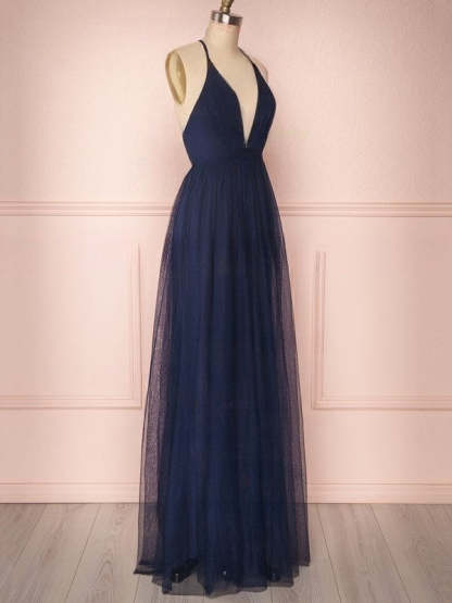 A-line V-neck Tulle Floor-length Ruffles Bridesmaid Dresses