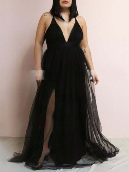 A-line V-neck Tulle Floor-length Ruffles Bridesmaid Dresses