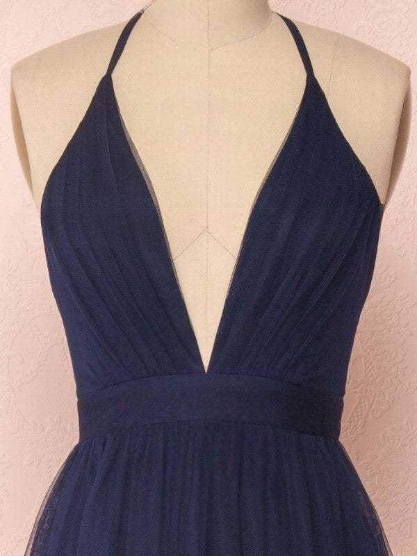 A-line V-neck Tulle Floor-length Ruffles Bridesmaid Dresses