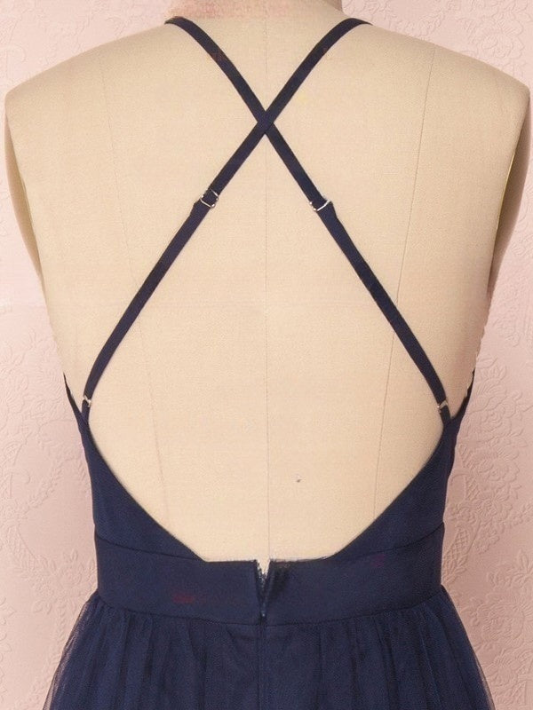 A-line V-neck Tulle Floor-length Ruffles Bridesmaid Dresses