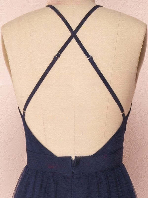 A-line V-neck Tulle Floor-length Ruffles Bridesmaid Dresses