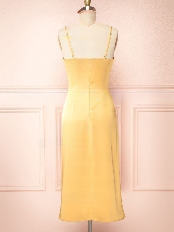 Silk-like Satin Sheath/Column Cowl Neck Tea-length Split Front Bridesmaid Dresses