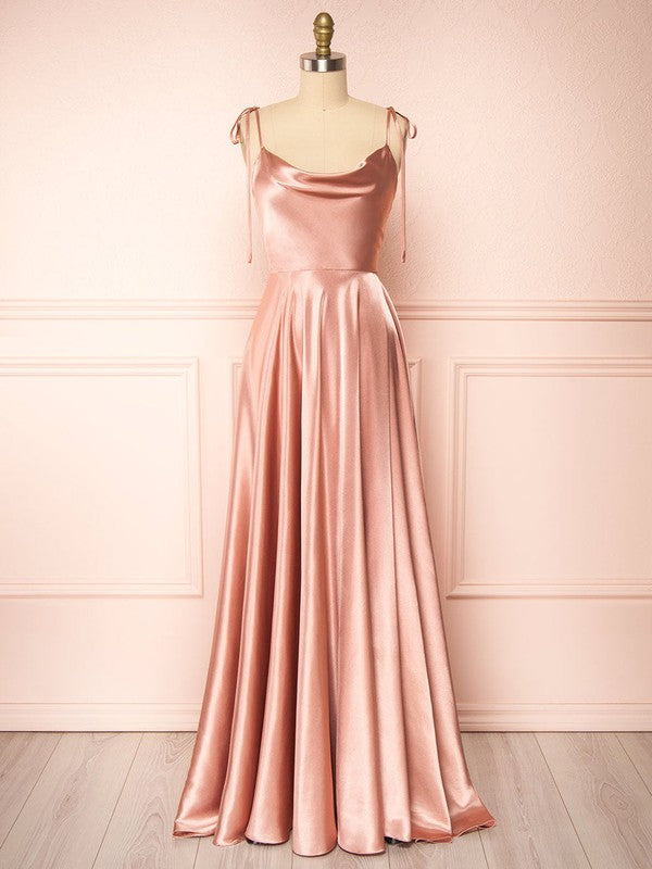 A-Line Cowl Neck Satin Floor-Length Split Front Bridesmaid Dress