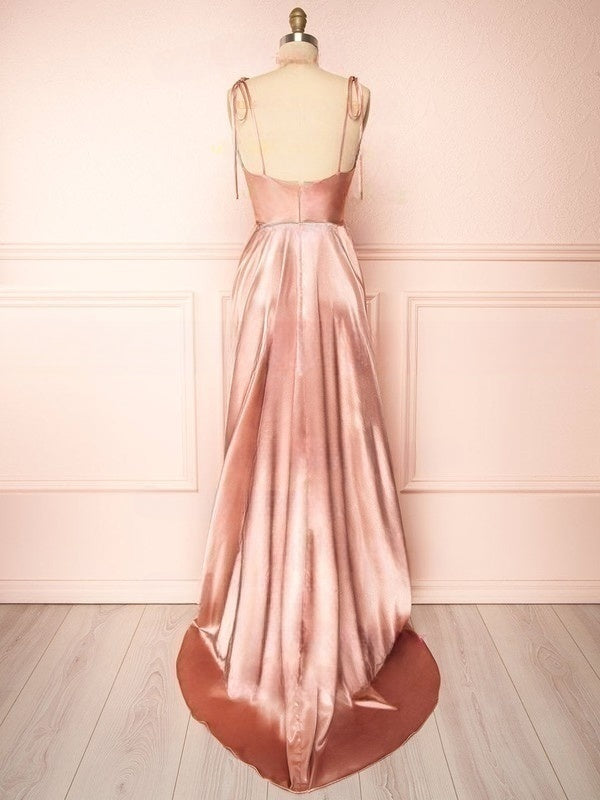 A-Line Cowl Neck Satin Floor-Length Split Front Bridesmaid Dress