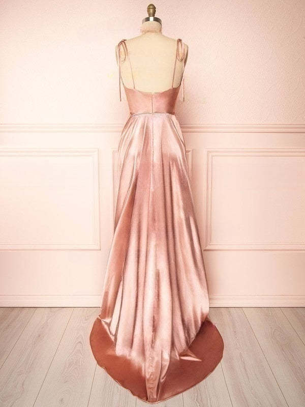 A-Line Cowl Neck Satin Floor-Length Split Front Bridesmaid Dress