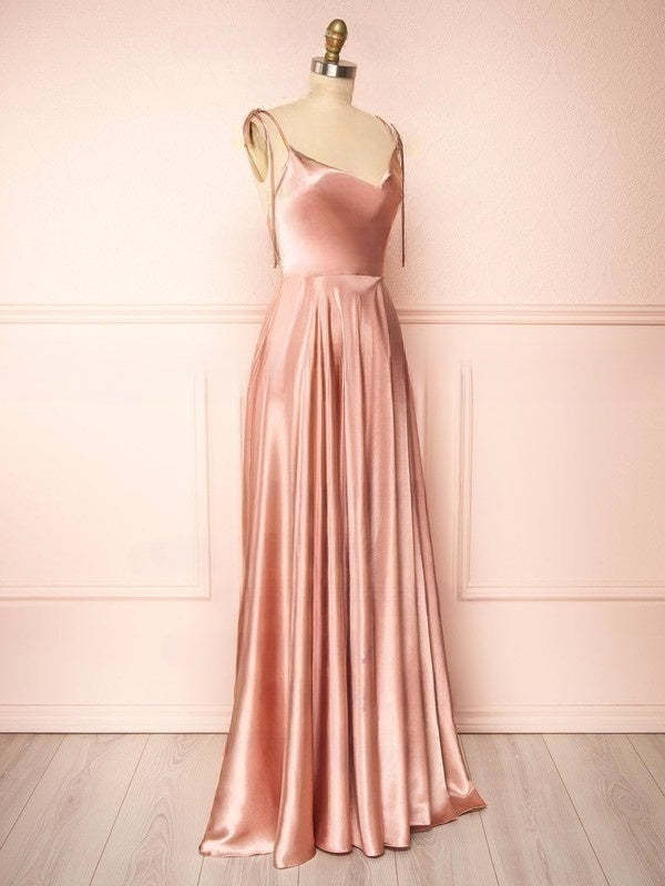 A-Line Cowl Neck Satin Floor-Length Split Front Bridesmaid Dress