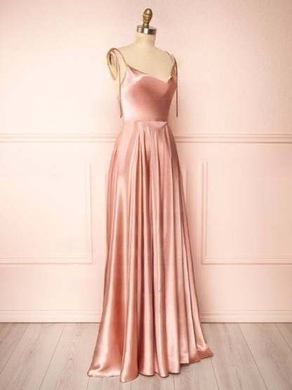 A-Line Cowl Neck Satin Floor-Length Split Front Bridesmaid Dress