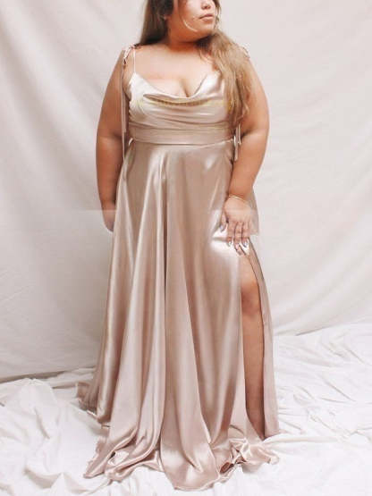 A-Line Cowl Neck Satin Floor-Length Split Front Bridesmaid Dress