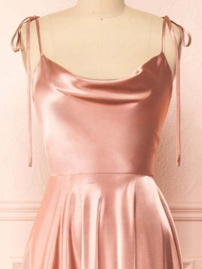 A-Line Cowl Neck Satin Floor-Length Split Front Bridesmaid Dress