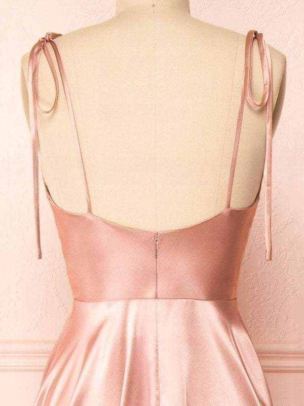 A-Line Cowl Neck Satin Floor-Length Split Front Bridesmaid Dress