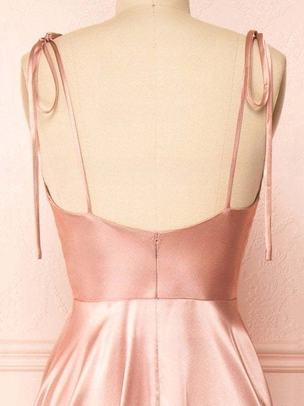 A-Line Cowl Neck Satin Floor-Length Split Front Bridesmaid Dress