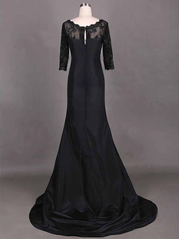 Vintage Black Taffeta Lace 1/2 Sleeve Sheath/Column Scoop Neck Mother of the Bride Dress