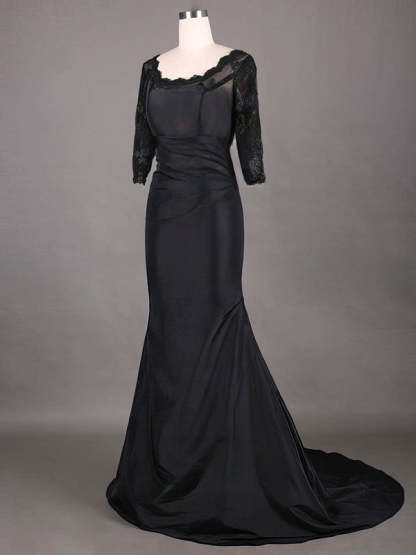Vintage Black Taffeta Lace 1/2 Sleeve Sheath/Column Scoop Neck Mother of the Bride Dress