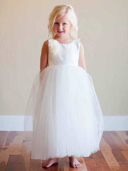A-line Scoop Neck Satin Tulle Ankle-length Sashes / Ribbons Flower Girl Dress