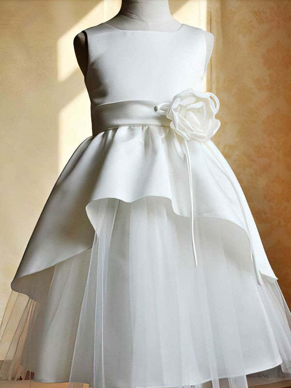 A-line Square Neckline Satin Tulle Ankle-length Ruffles Flower Girl Dresses