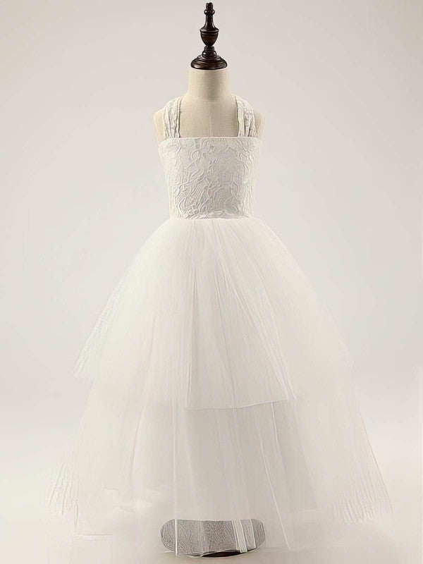 A-line Square Neckline Lace Tulle Floor-length Ruffles Flower Girl Dress