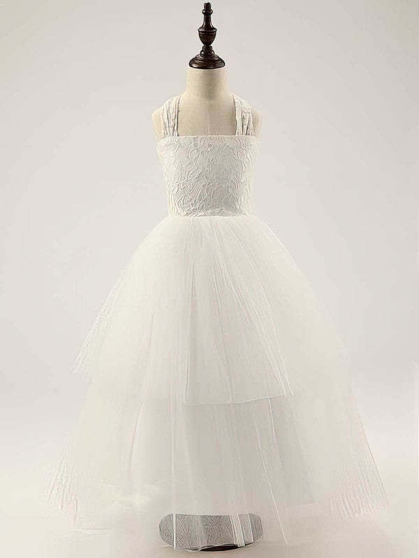 A-line Square Neckline Lace Tulle Floor-length Ruffles Flower Girl Dress