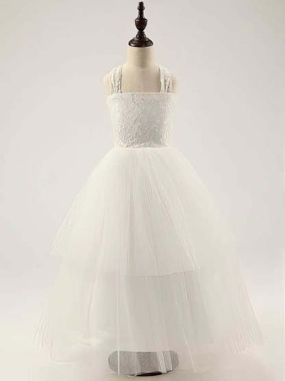 A-line Square Neckline Lace Tulle Floor-length Ruffles Flower Girl Dress