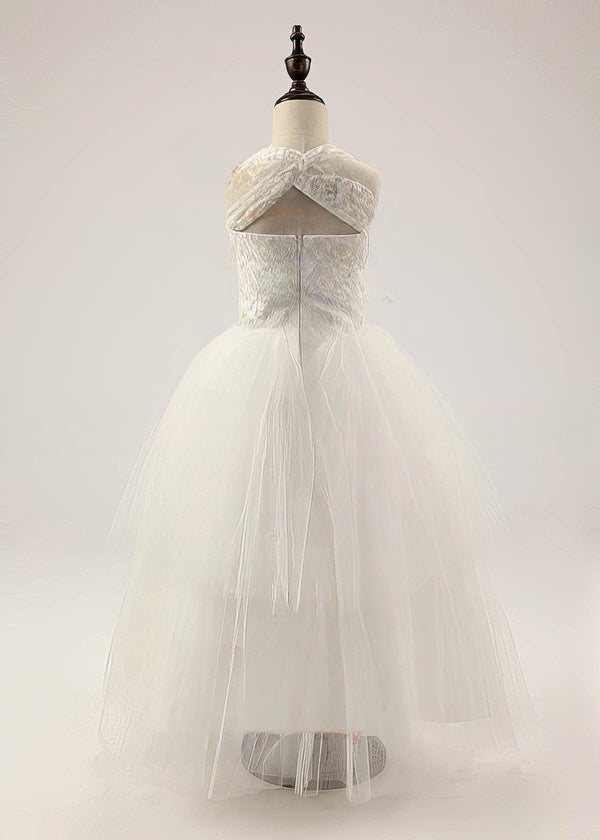 A-line Square Neckline Lace Tulle Floor-length Ruffles Flower Girl Dress