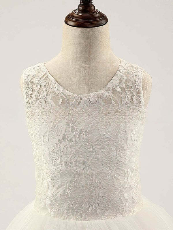 A-line Scoop Neck Lace Tulle Floor-length Ruffles Flower Girl Dresses