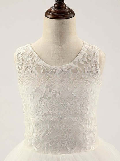 A-line Scoop Neck Lace Tulle Floor-length Ruffles Flower Girl Dresses