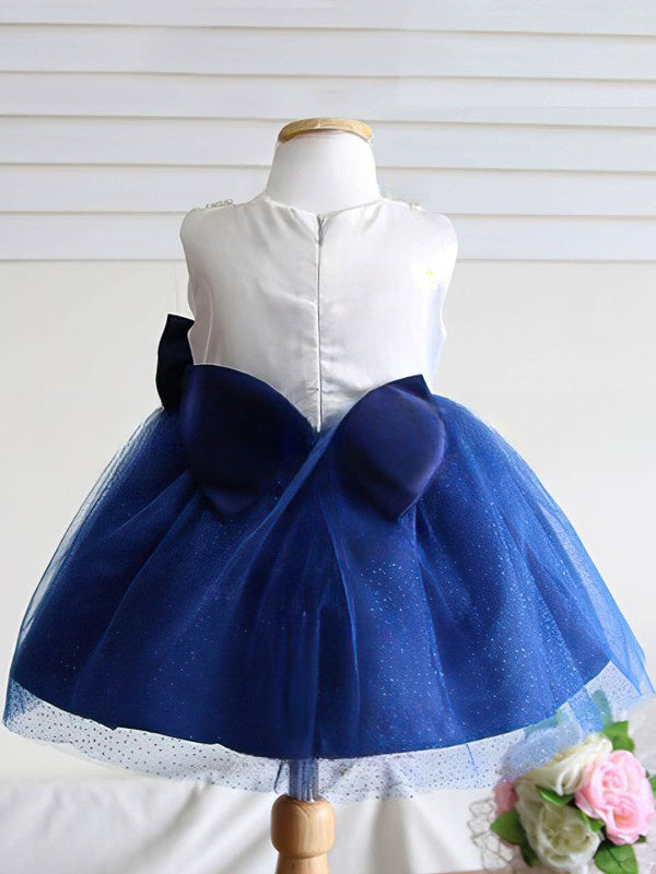 Princess Scoop Neck Satin Tulle Tea-length Bow Flower Girl Dresses
