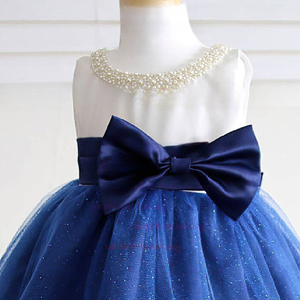 Princess Scoop Neck Satin Tulle Tea-length Bow Flower Girl Dresses